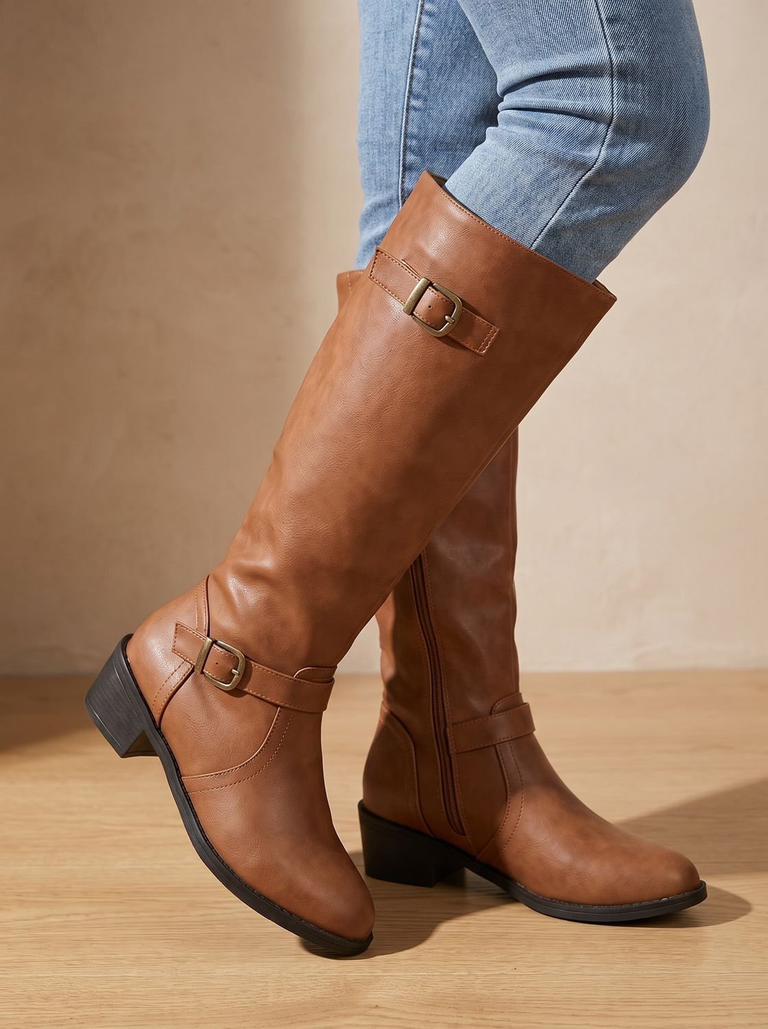 Quinley - Women's Buckle-Strap Knee-High Boots with Side Zip