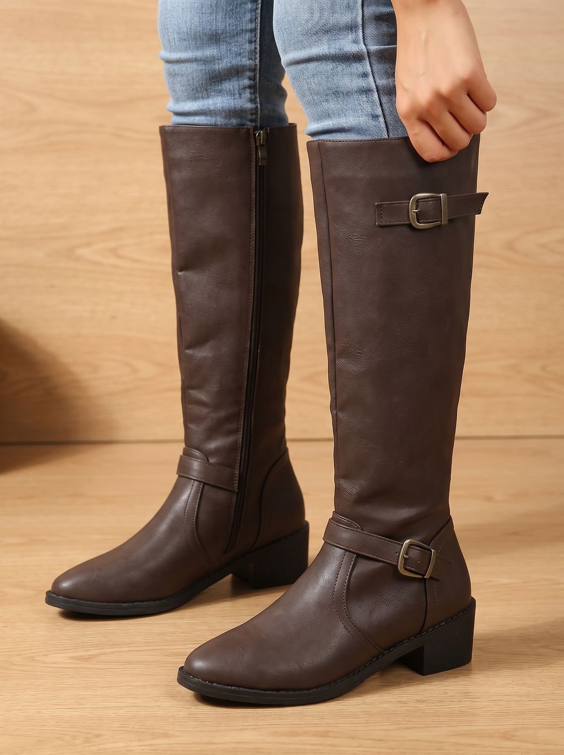Quinley - Women's Buckle-Strap Knee-High Boots with Side Zip