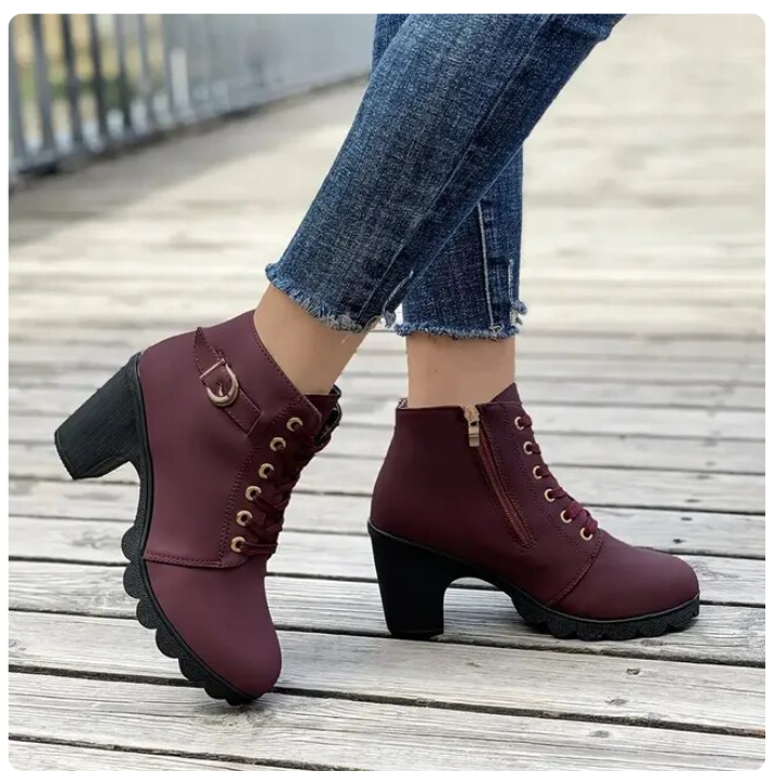 Women's Lace-Up Ankle Boots with Block Heel and Side Zip