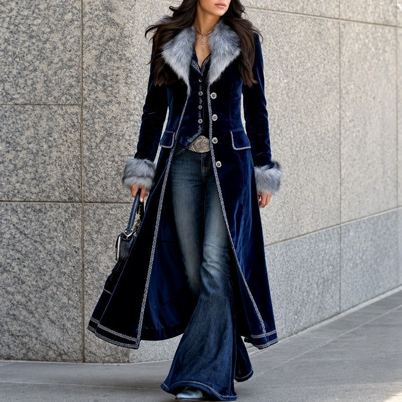 Rachel - Women's Faux Fur Collar Long Velvet Coat