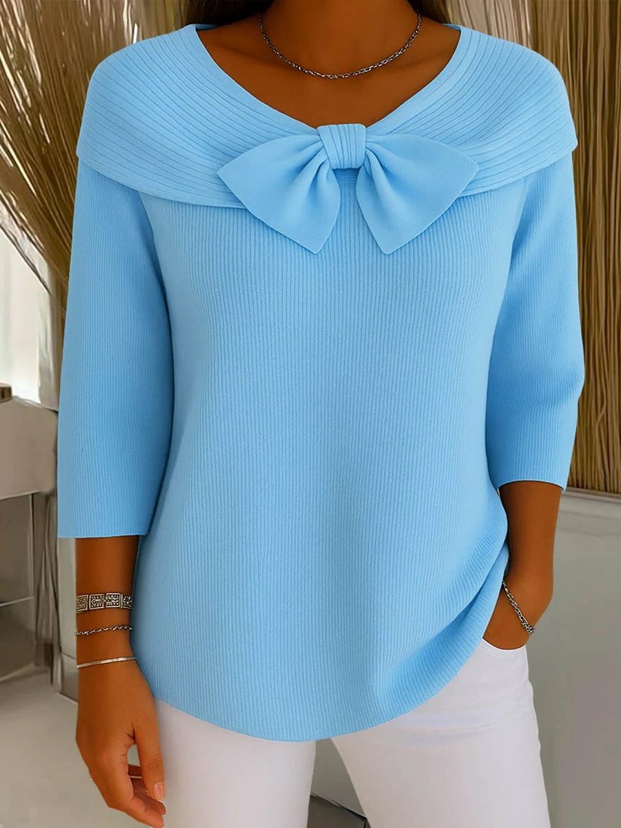 Raina | Women's Ribbed Knit Pullover Sweater with Bow