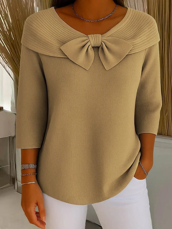 Raina | Women's Ribbed Knit Pullover Sweater with Bow