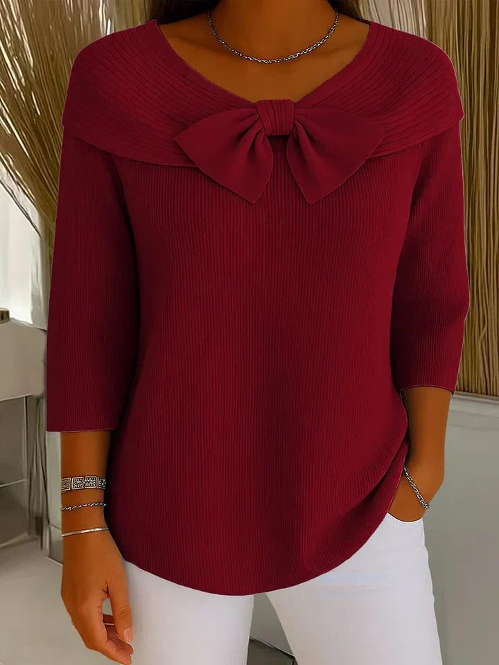 Raina | Women's Ribbed Knit Pullover Sweater with Bow