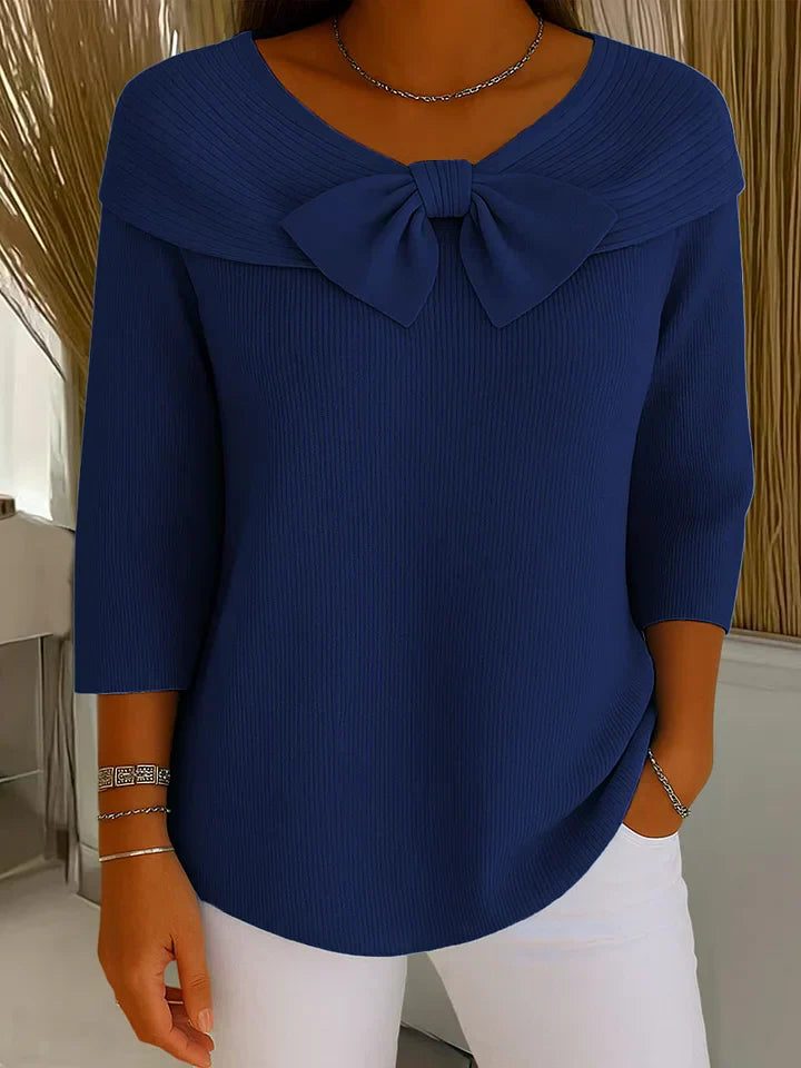 Raina | Women's Ribbed Knit Pullover Sweater with Bow