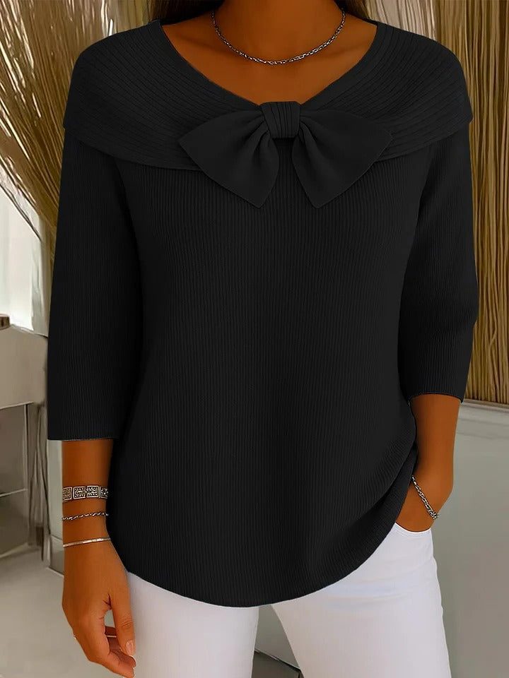 Raina | Women's Ribbed Knit Pullover Sweater with Bow