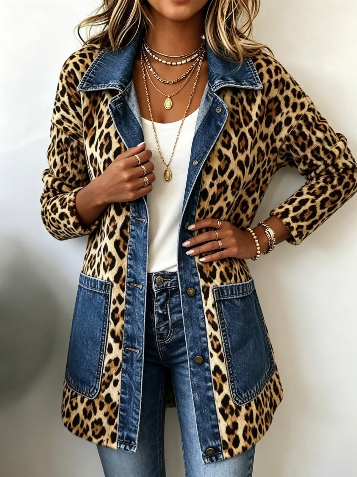 Emma | Women's Leopard Print Denim Jacket Long Sleeve Pockets