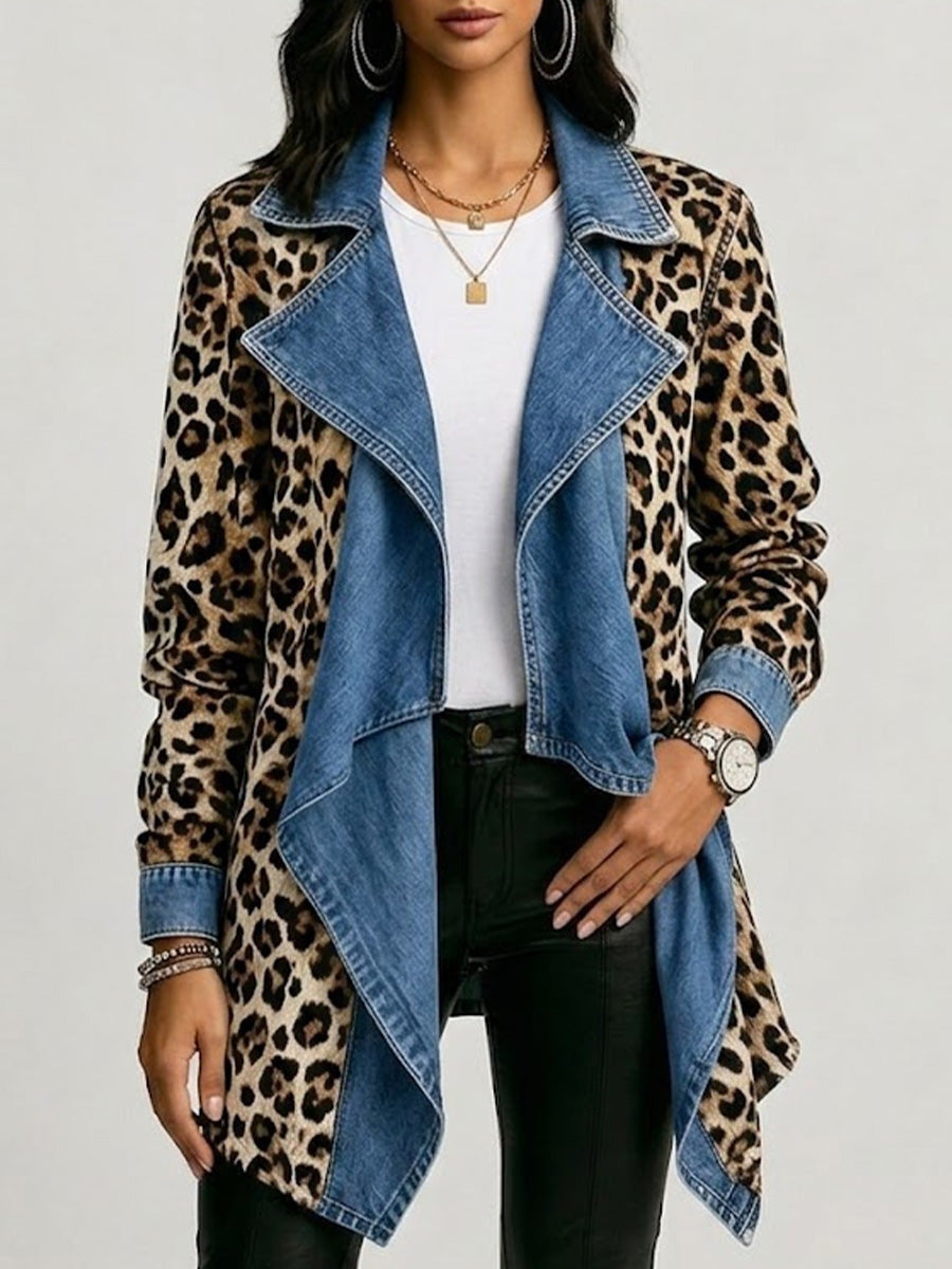 Emma | Women's Leopard Print Denim Jacket Long Sleeve Pockets