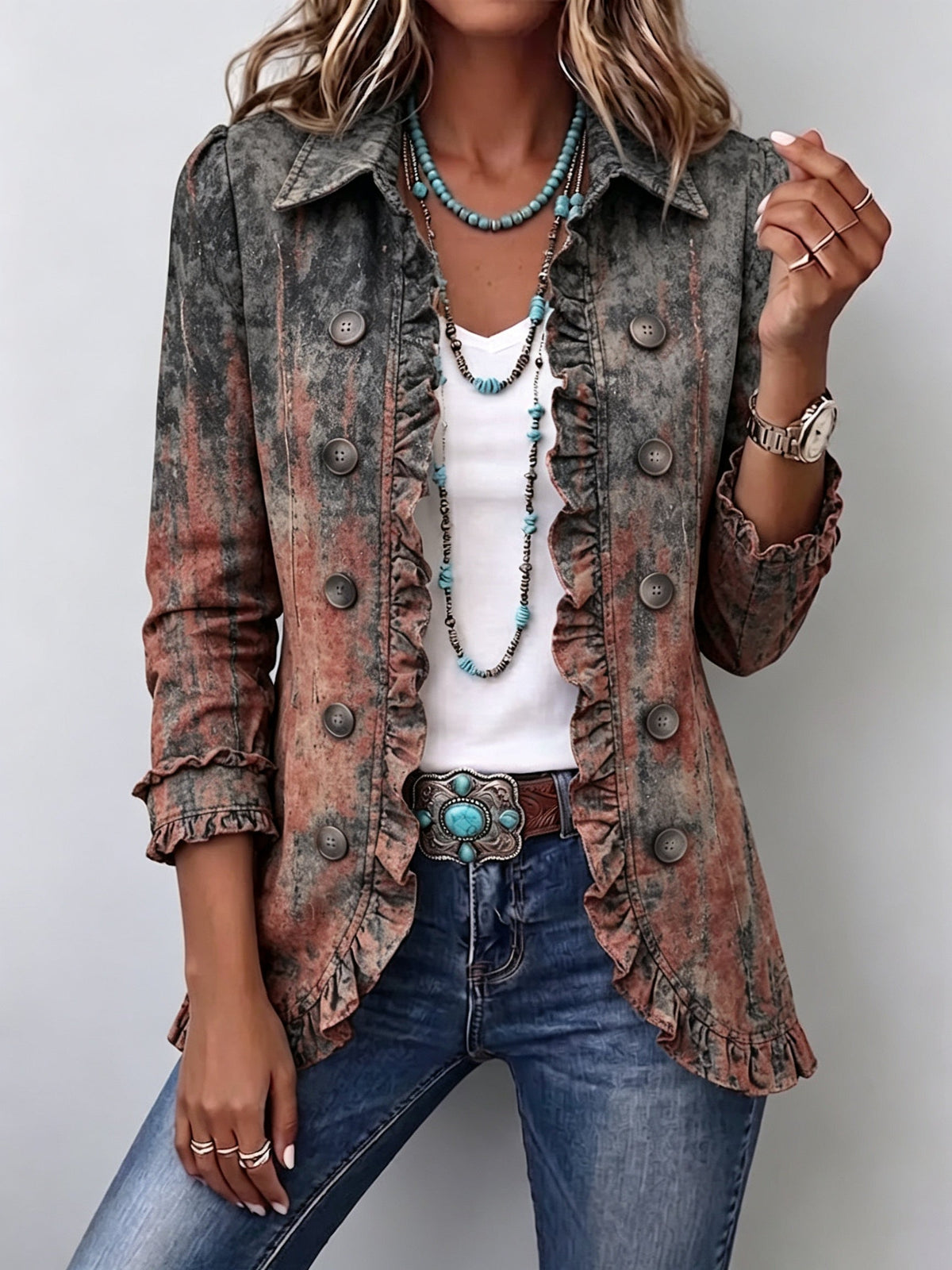 Emma | Women's Leopard Print Denim Jacket Long Sleeve Pockets
