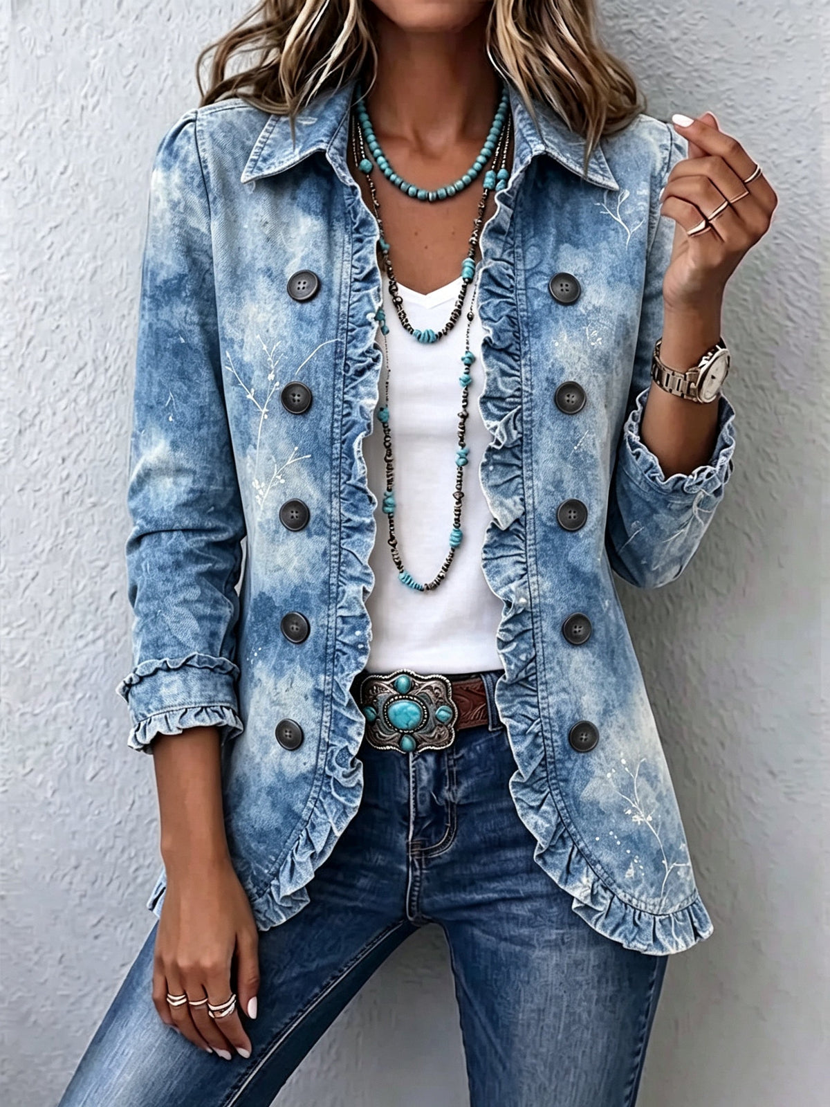 Emma | Women's Leopard Print Denim Jacket Long Sleeve Pockets