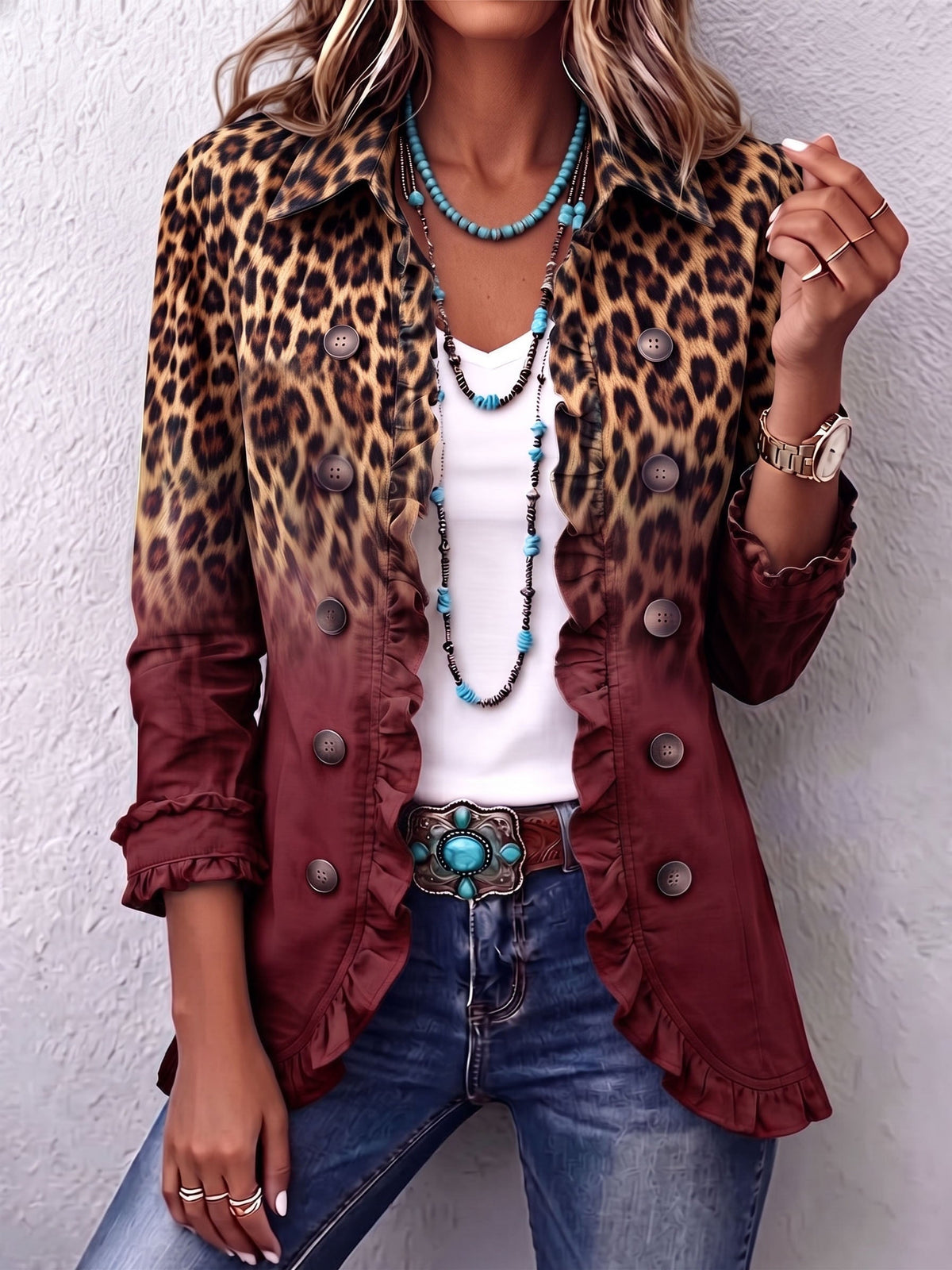 Emma | Women's Leopard Print Denim Jacket Long Sleeve Pockets