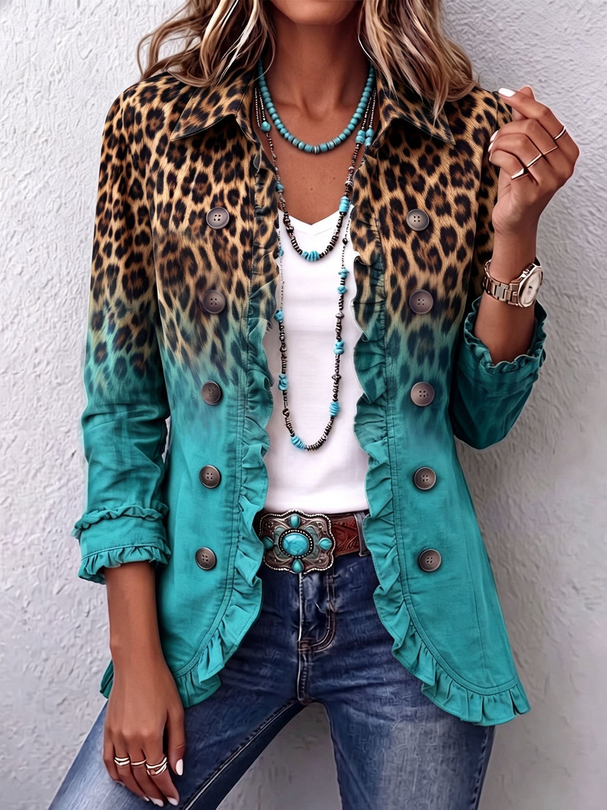 Emma | Women's Leopard Print Denim Jacket Long Sleeve Pockets