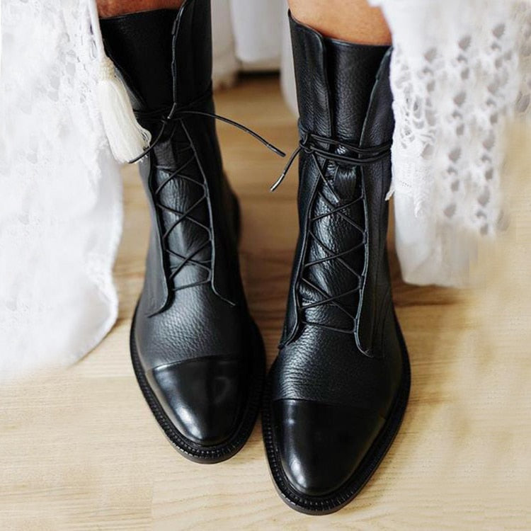 Sloane | Women's Leather Lace Up Ankle Boots Flat