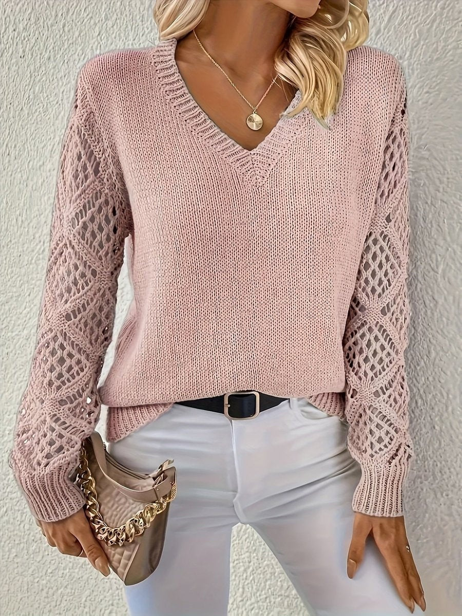 Abigail | Women's Lightweight V Neck Sweater Pointelle Sleeve Knit