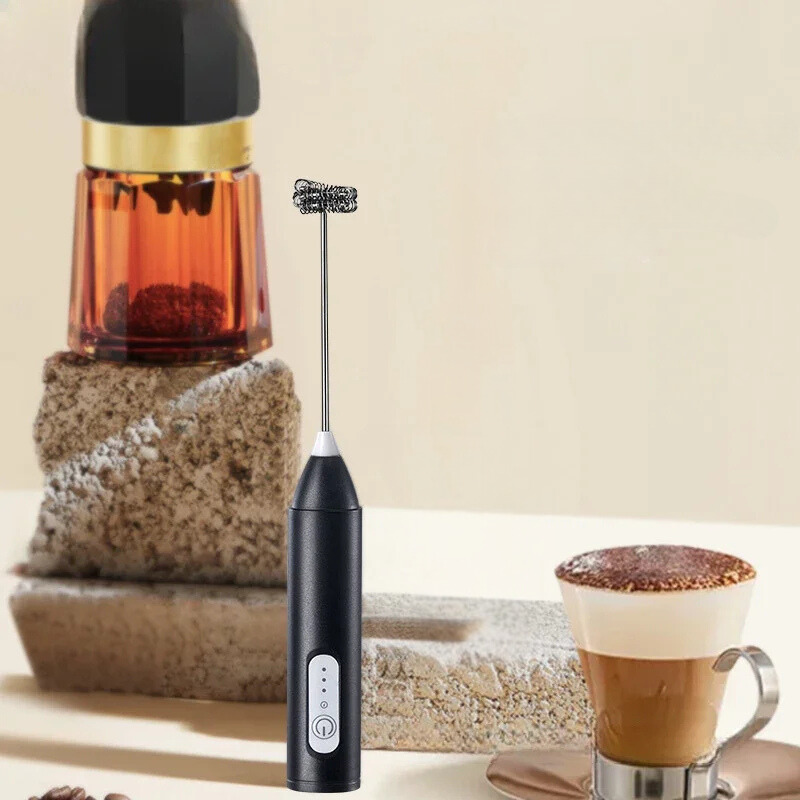 Rechargeable Handheld Milk Frother with Double-Spring Whisk and Three Speed Settings Foam Maker