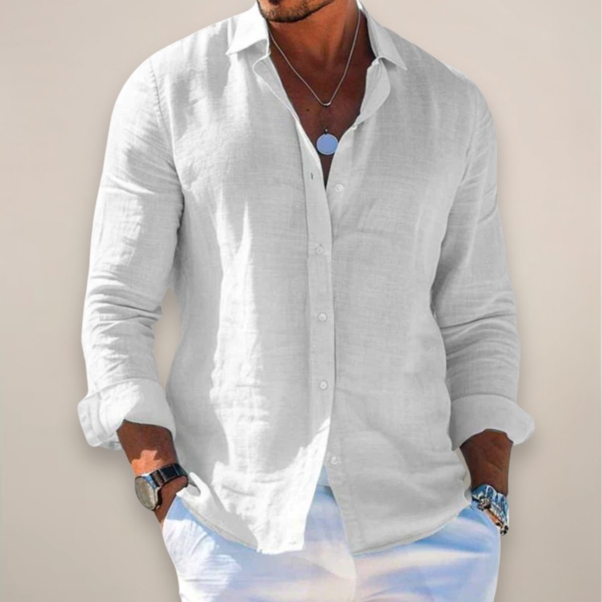 Relaxed Fit Linen Long Sleeve Shirt for Men