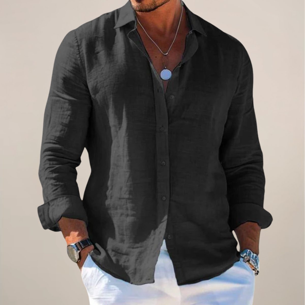 Relaxed Fit Linen Long Sleeve Shirt for Men