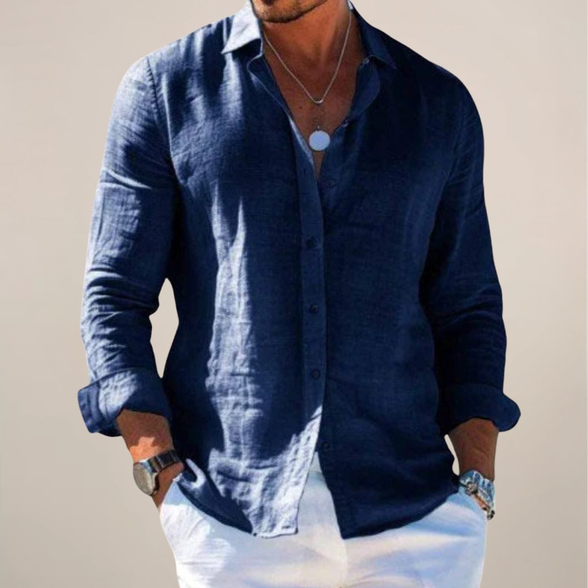 Relaxed Fit Linen Long Sleeve Shirt for Men