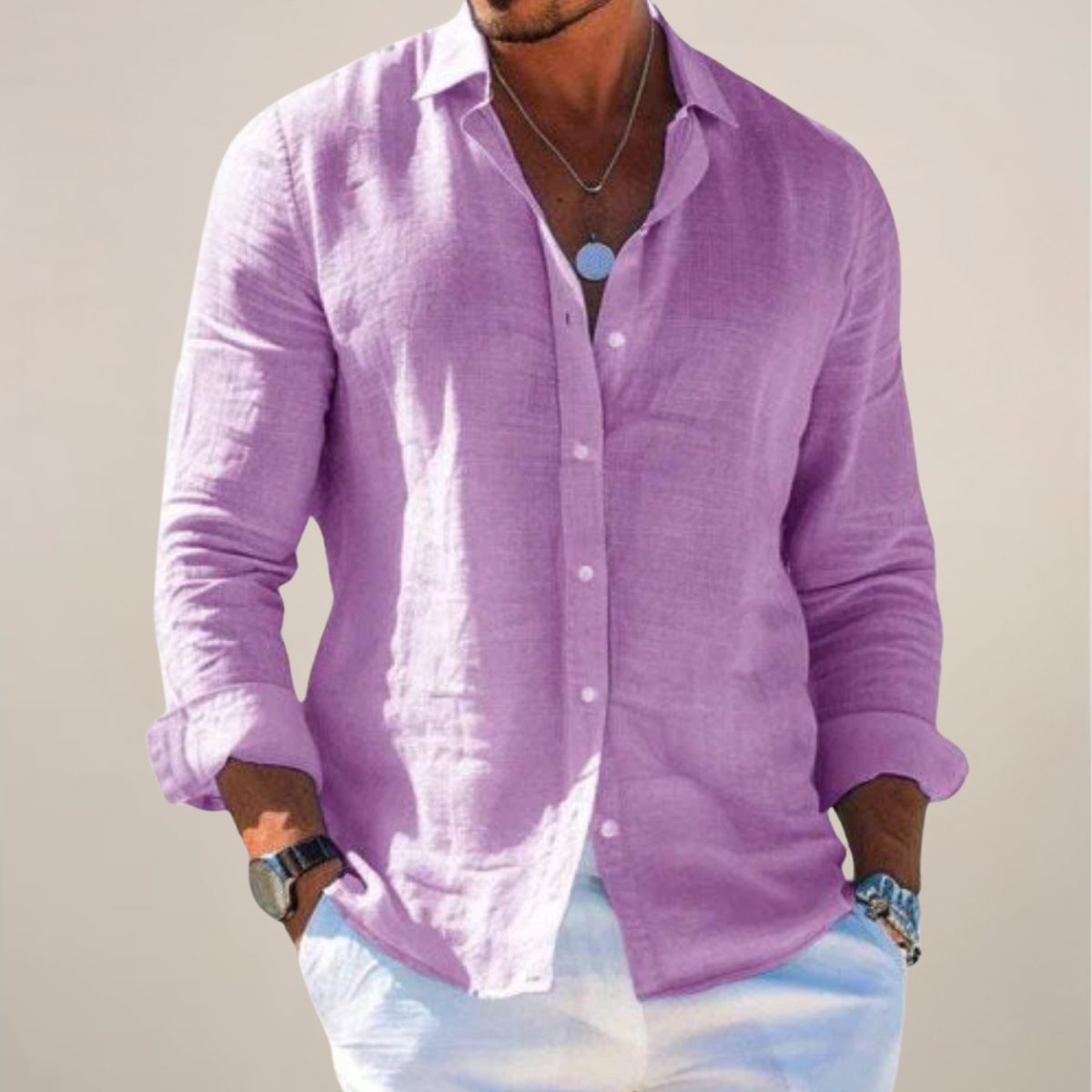 Relaxed Fit Linen Long Sleeve Shirt for Men