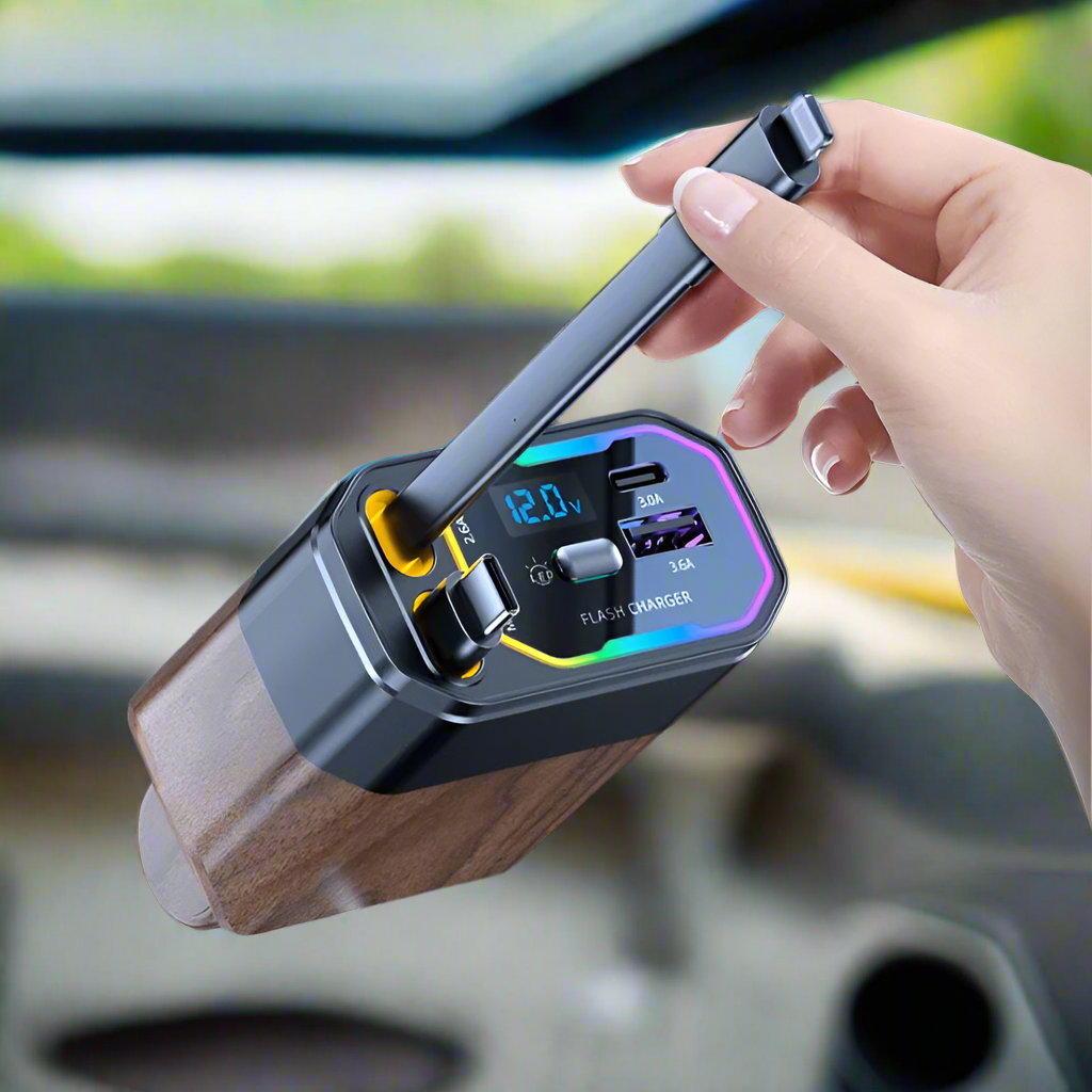 Retractable Car Charger Usb-C with Dual Flat Cables and Digital LED Display