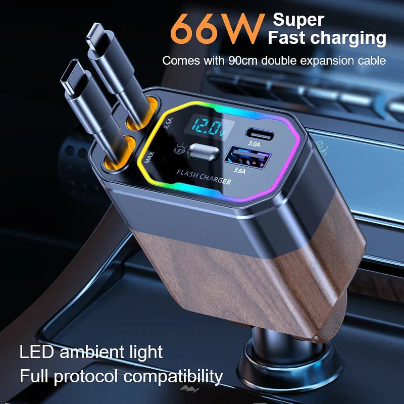 Retractable Car Charger Usb-C with Dual Flat Cables and Digital LED Display
