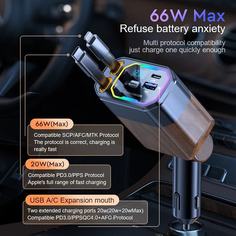 Retractable Car Charger Usb-C with Dual Flat Cables and Digital LED Display