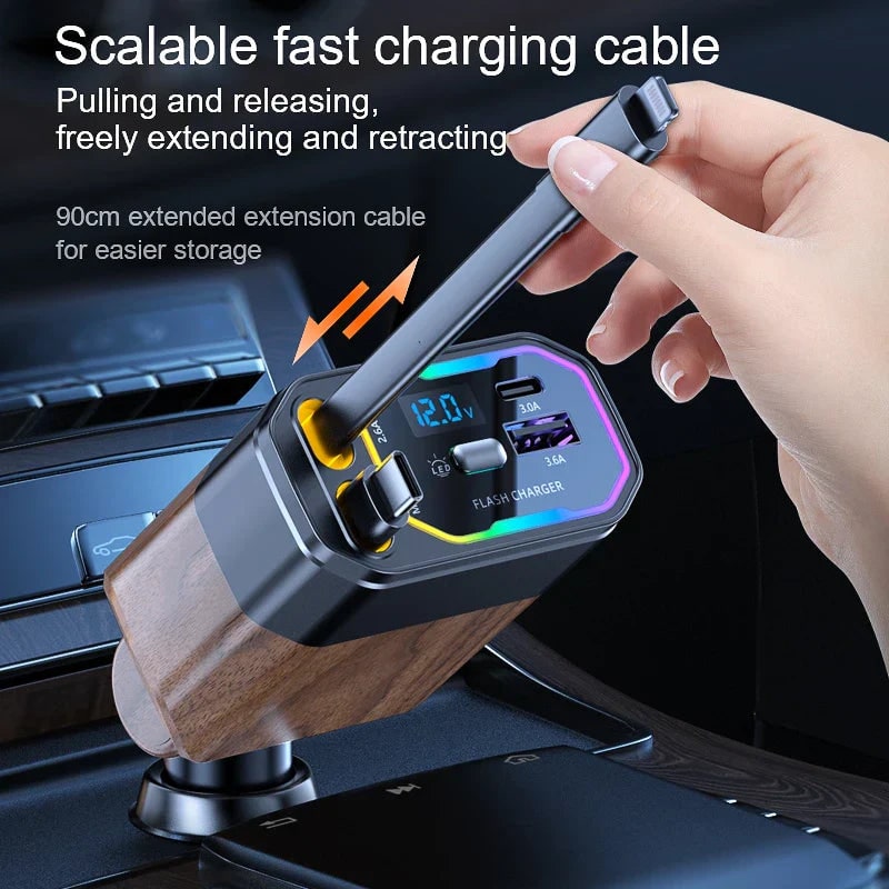 Retractable Car Charger Usb-C with Dual Flat Cables and Digital LED Display