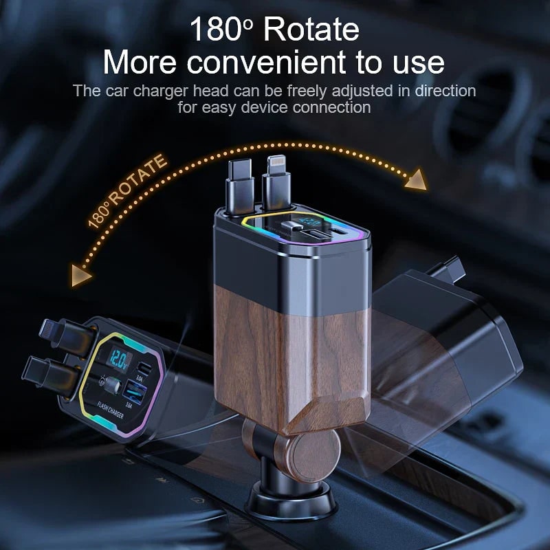 Retractable Car Charger Usb-C with Dual Flat Cables and Digital LED Display