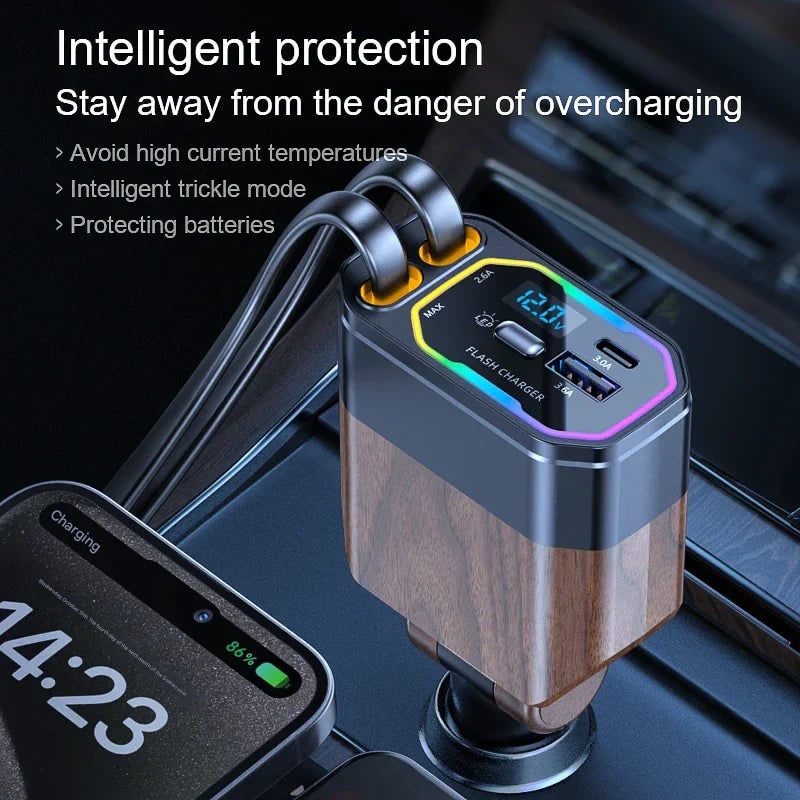 Retractable Car Charger Usb-C with Dual Flat Cables and Digital LED Display