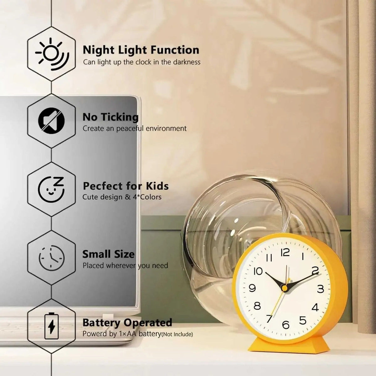 Retro Analog Alarm Clock with Silent Quartz Movement and Backlight