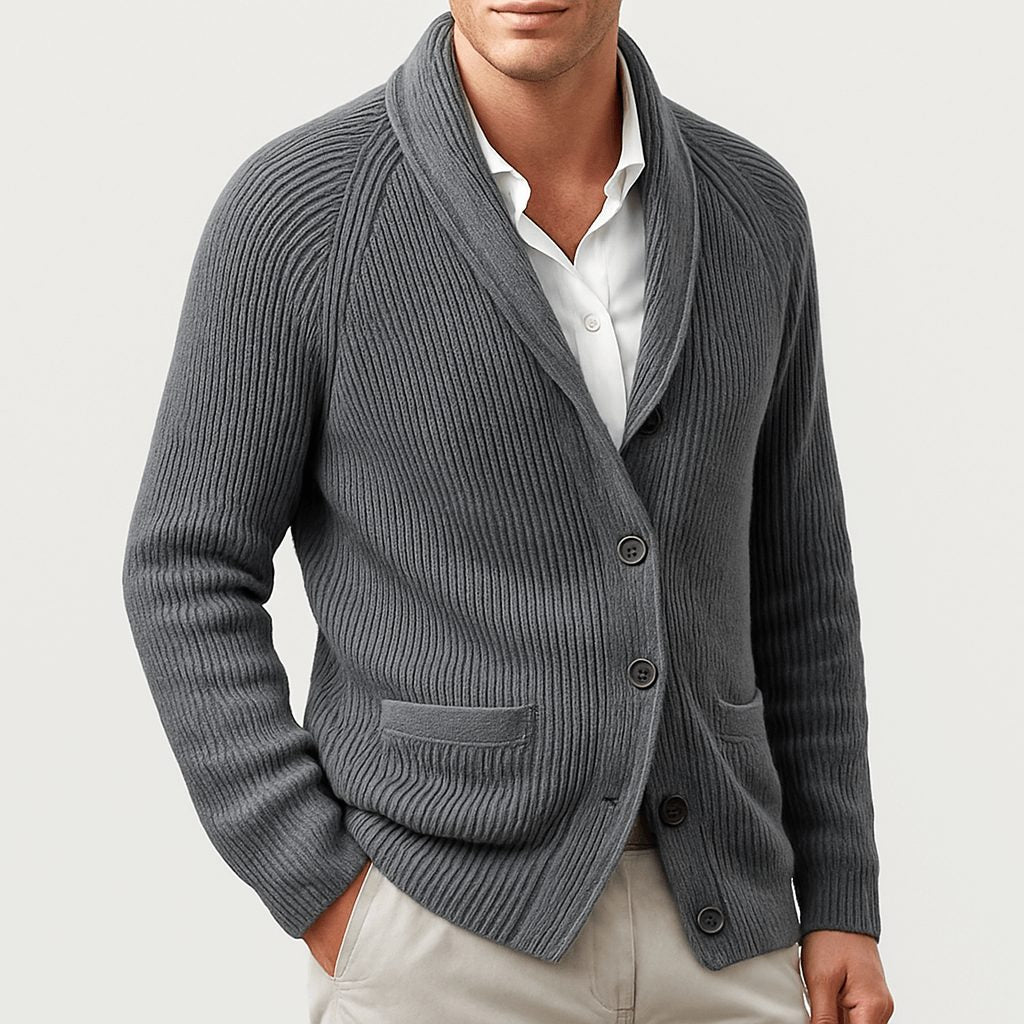 Ribbed Knit Button-Up Cardigan with Lapel Collar for Men