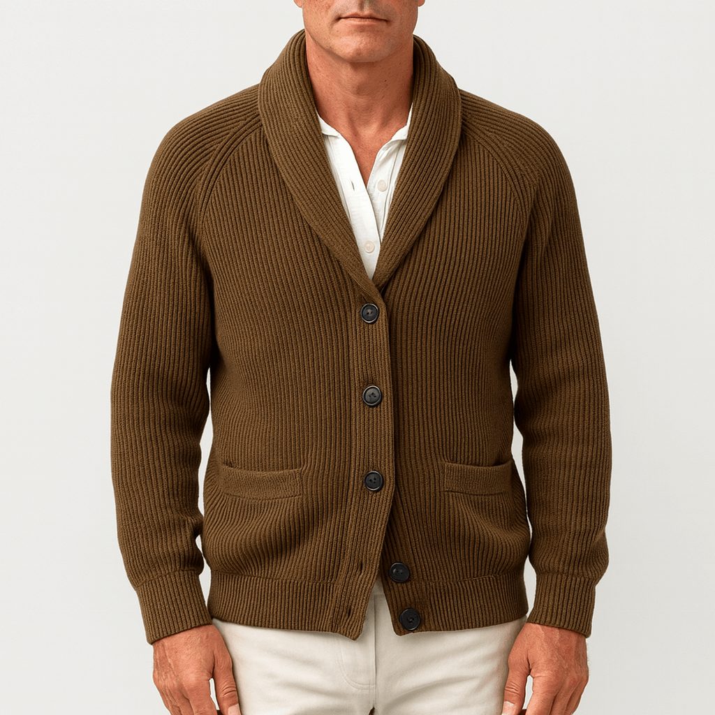 Ribbed Knit Button-Up Cardigan with Lapel Collar for Men
