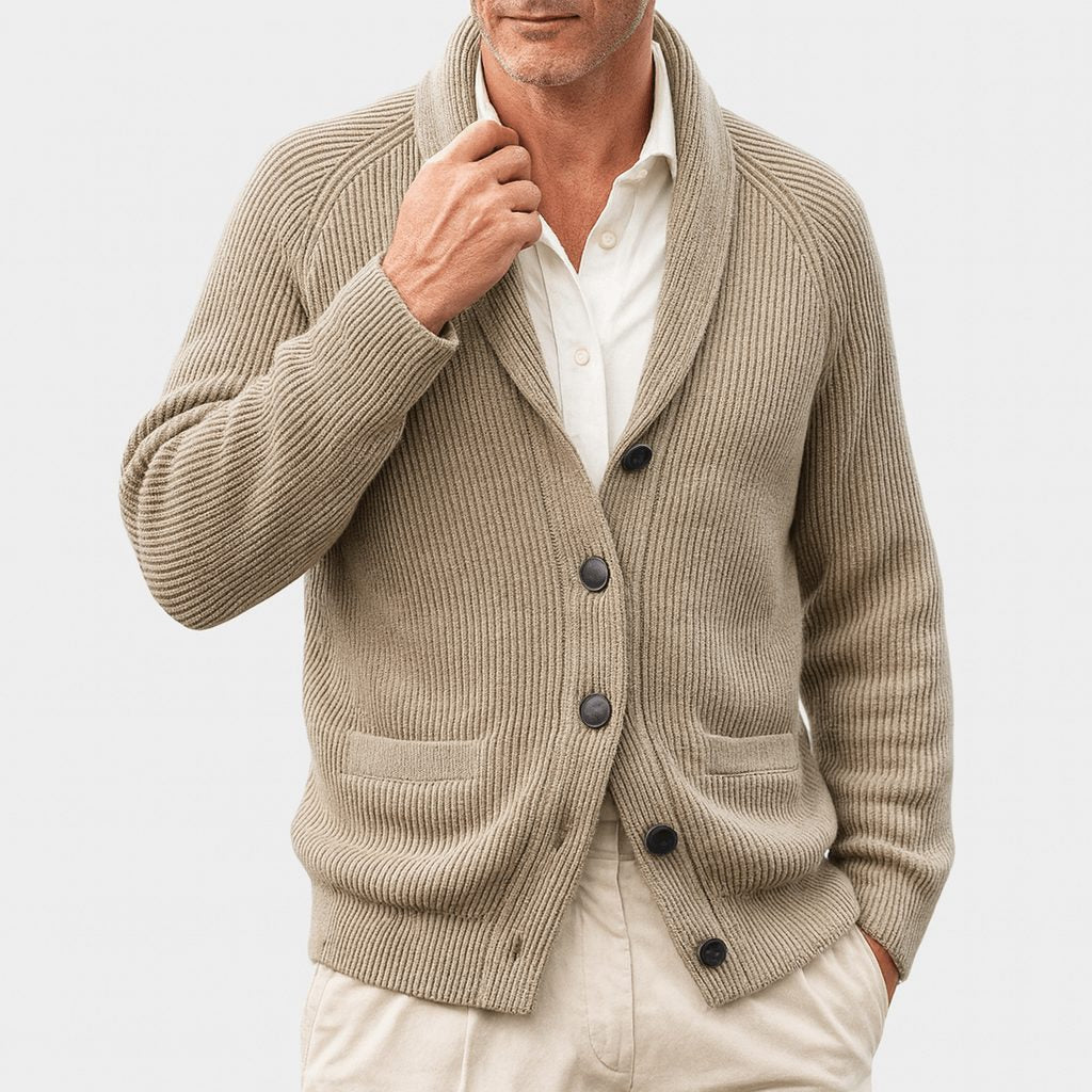Ribbed Knit Button-Up Cardigan with Lapel Collar for Men