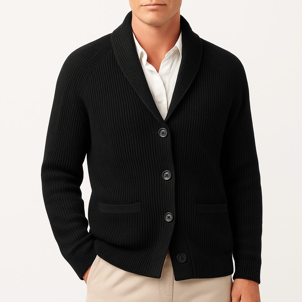 Ribbed Knit Button-Up Cardigan with Lapel Collar for Men