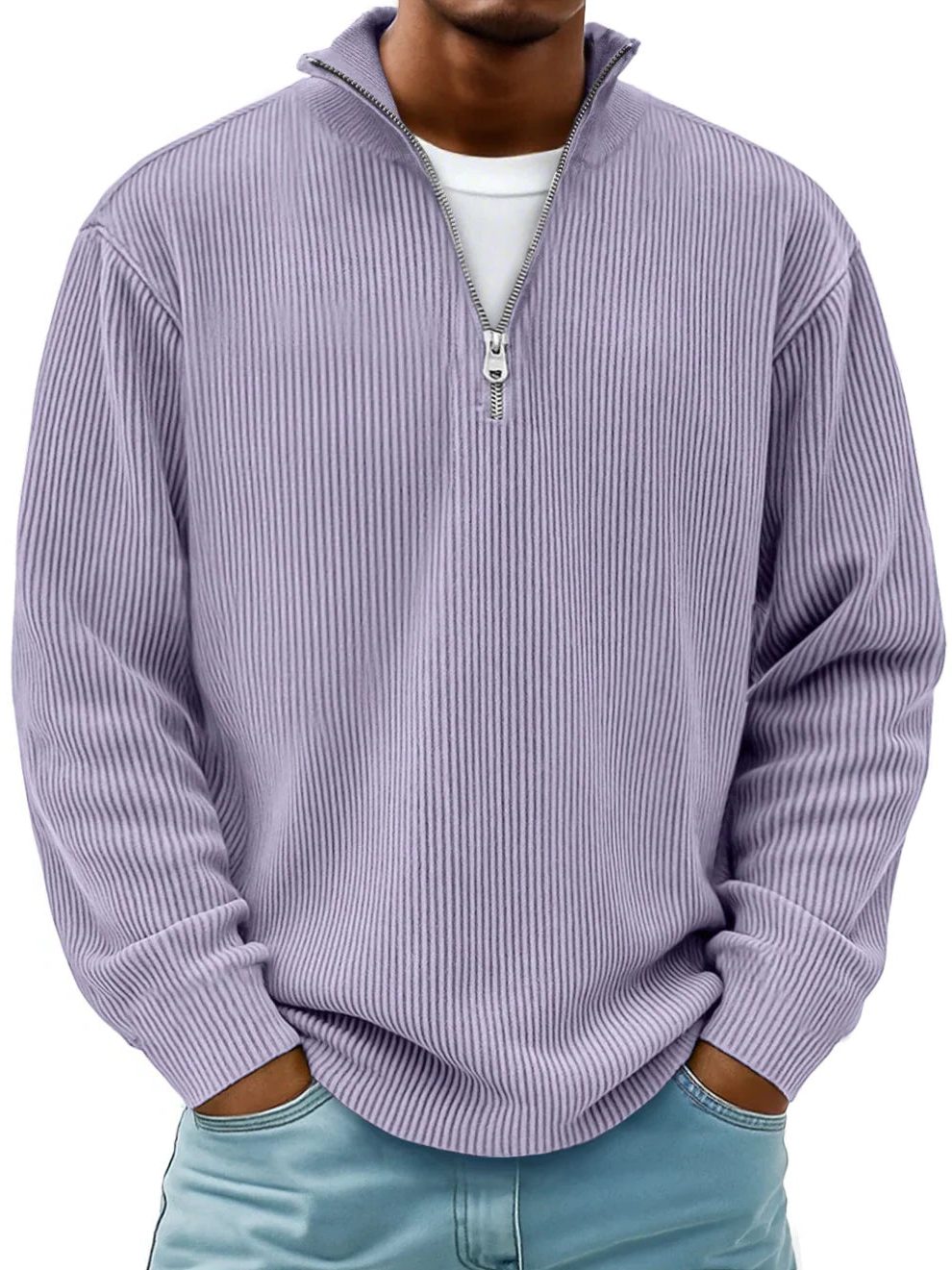 Ribbed Knit Half-Zip Pullover for Men
