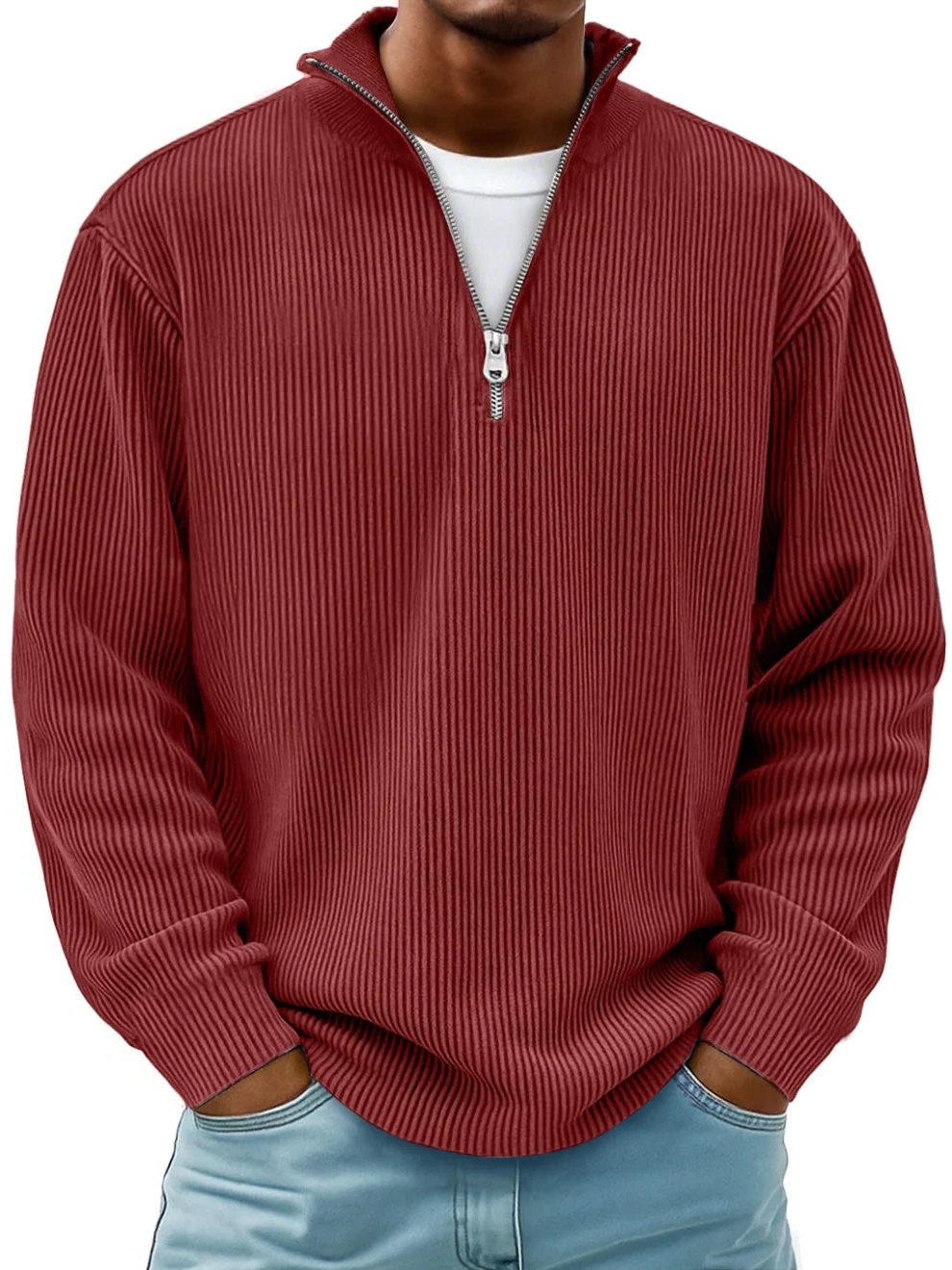Ribbed Knit Half-Zip Pullover for Men