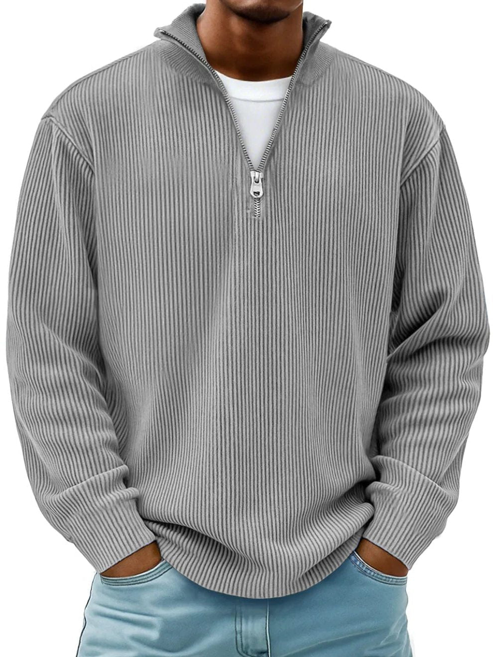 Ribbed Knit Half-Zip Pullover for Men