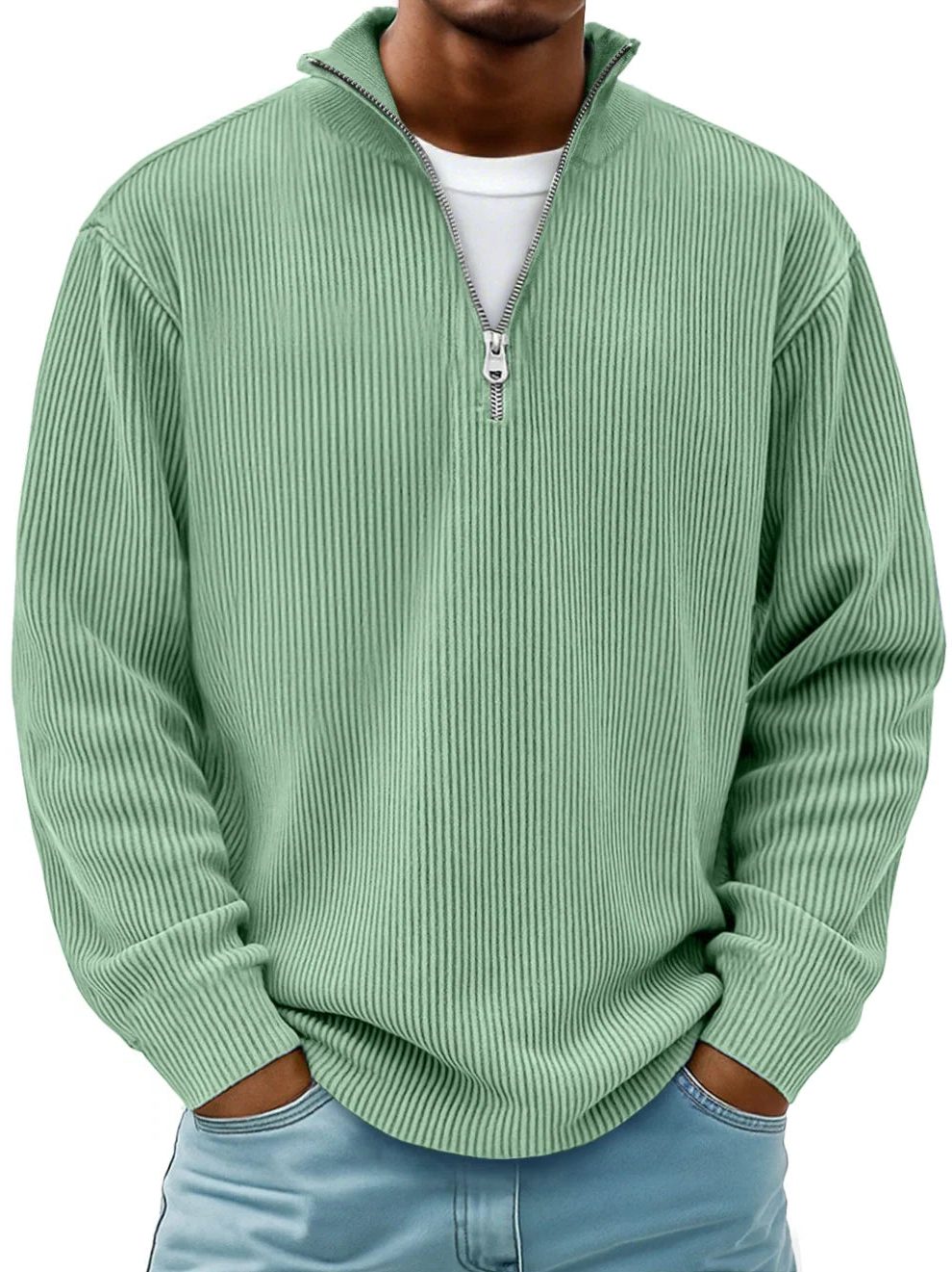 Ribbed Knit Half-Zip Pullover for Men