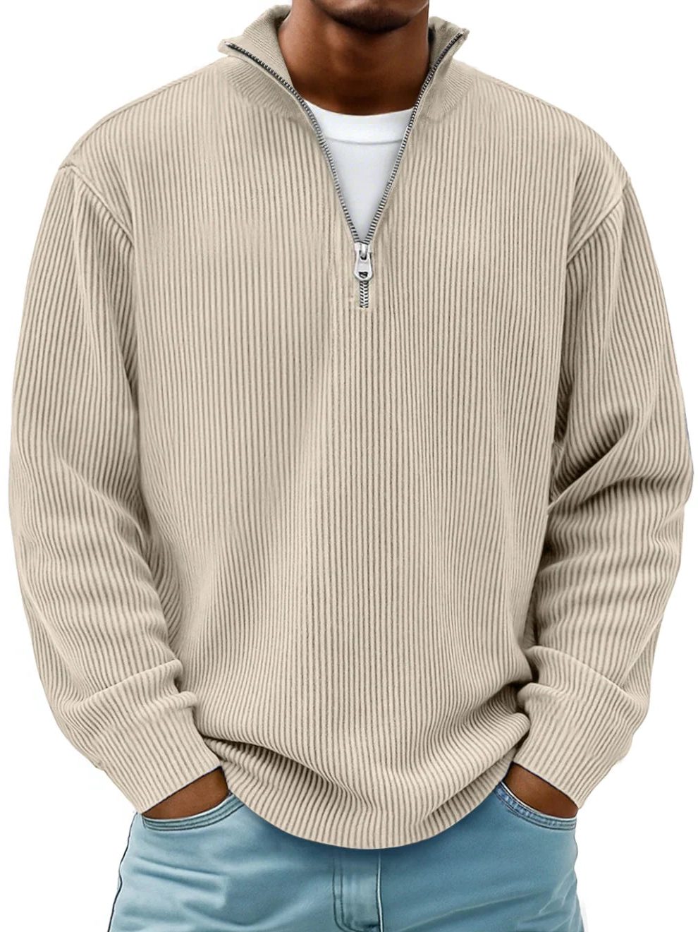 Ribbed Knit Half-Zip Pullover for Men