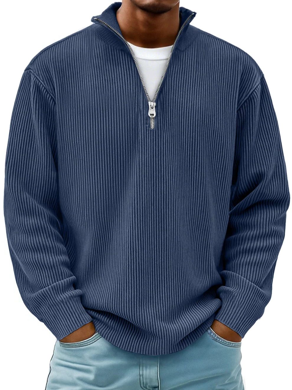 Ribbed Knit Half-Zip Pullover for Men