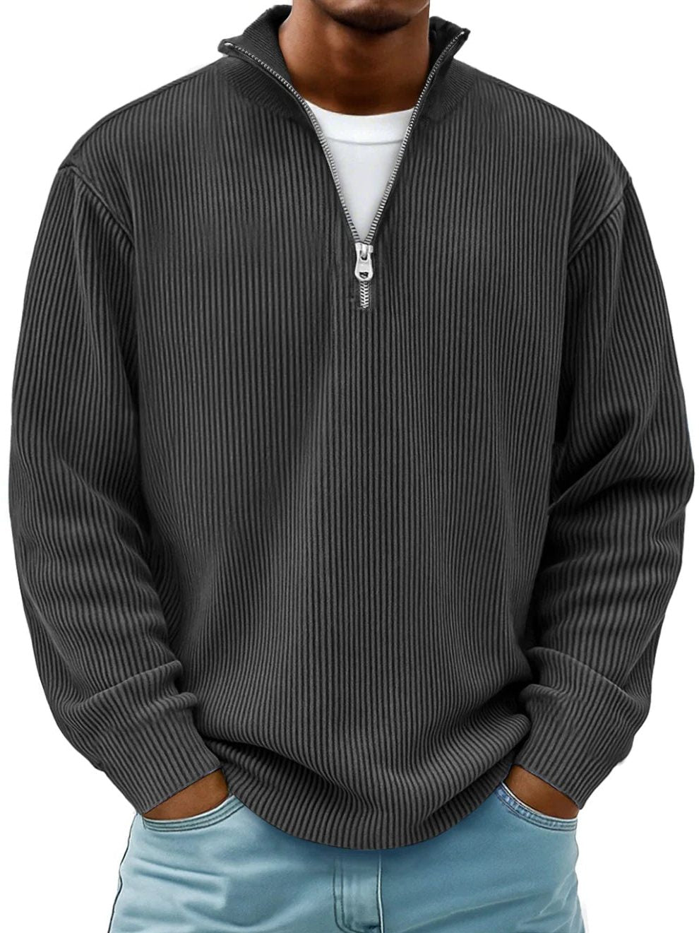 Ribbed Knit Half-Zip Pullover for Men