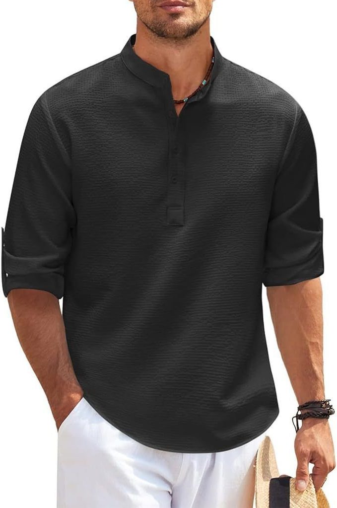 Ribbed Knit Henley Shirt for Men