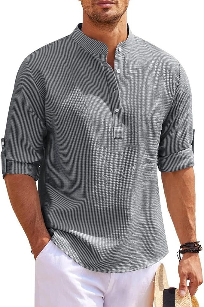 Ribbed Knit Henley Shirt for Men