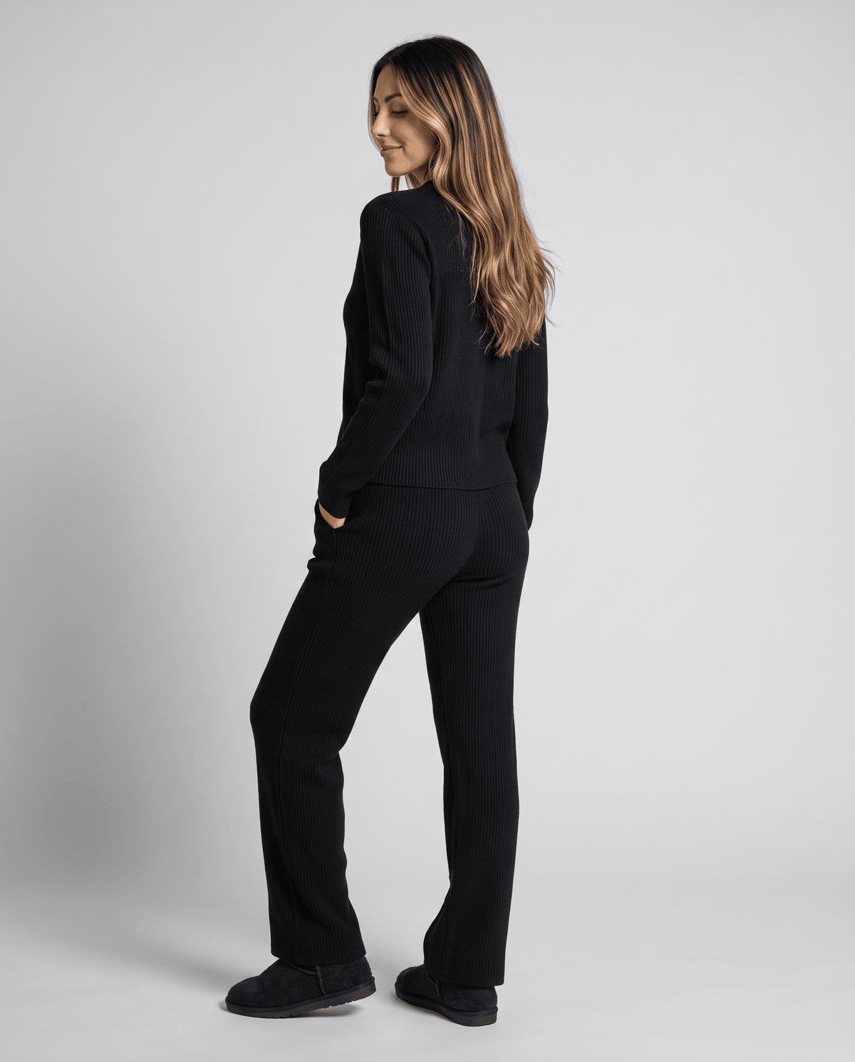 Ribbed Knit Loungewear Set – Cardigan Top & Drawstring Wide-Leg Pants | Maja