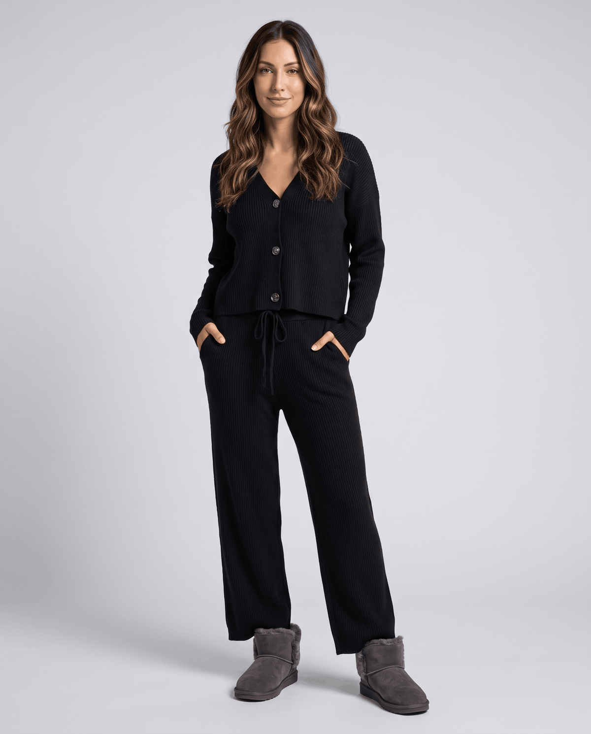 Ribbed Knit Loungewear Set – Cardigan Top & Drawstring Wide-Leg Pants | Maja