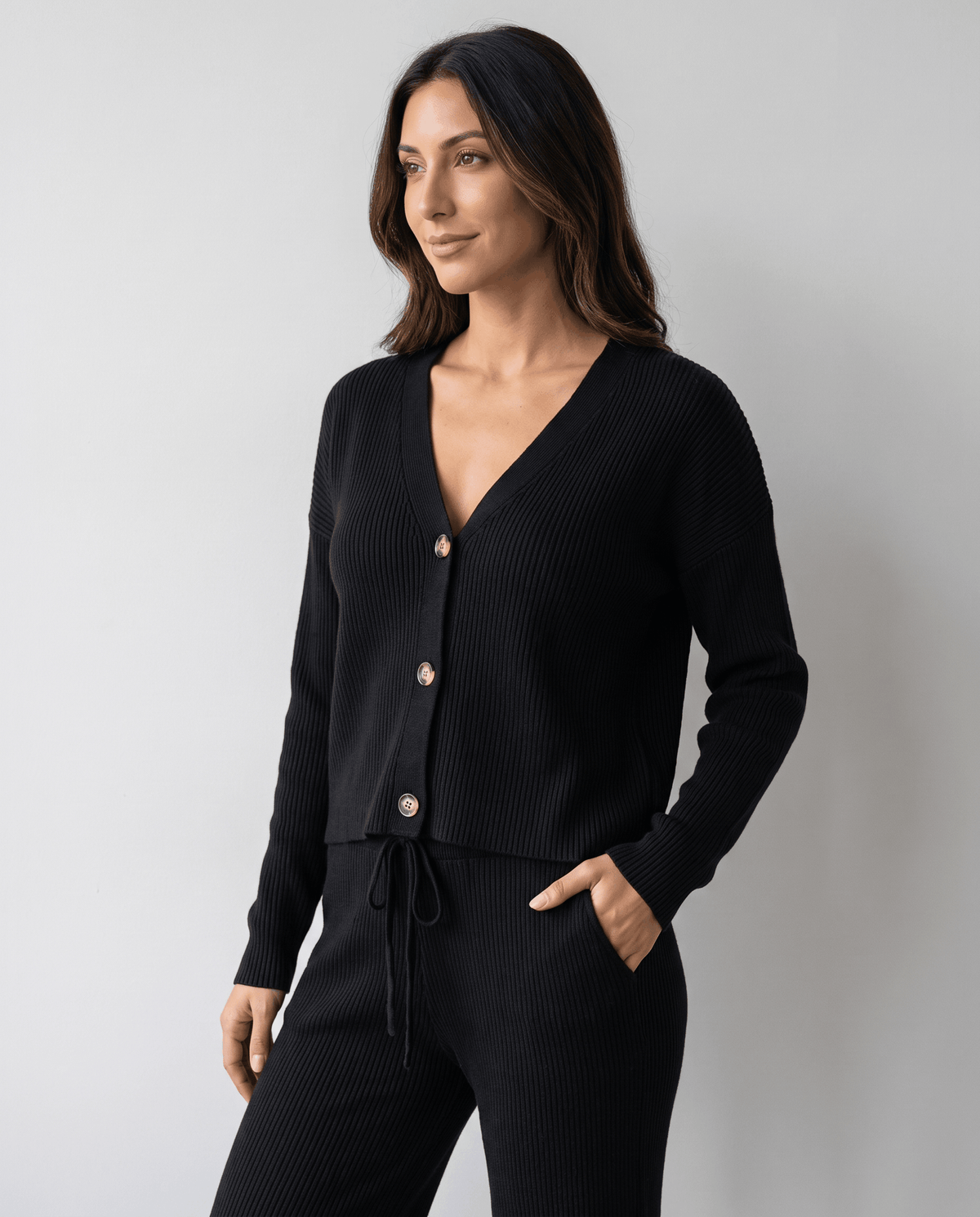 Ribbed Knit Loungewear Set – Cardigan Top & Drawstring Wide-Leg Pants | Maja