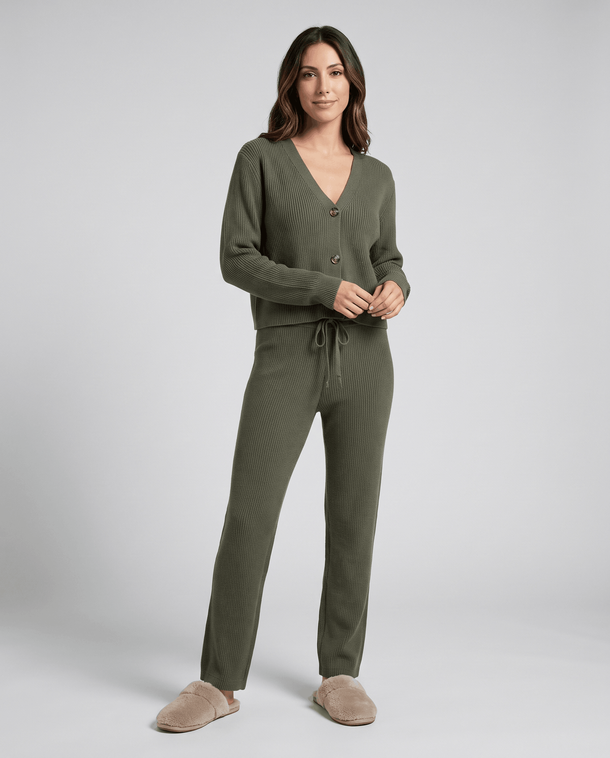 Ribbed Knit Loungewear Set – Cardigan Top & Drawstring Wide-Leg Pants | Maja