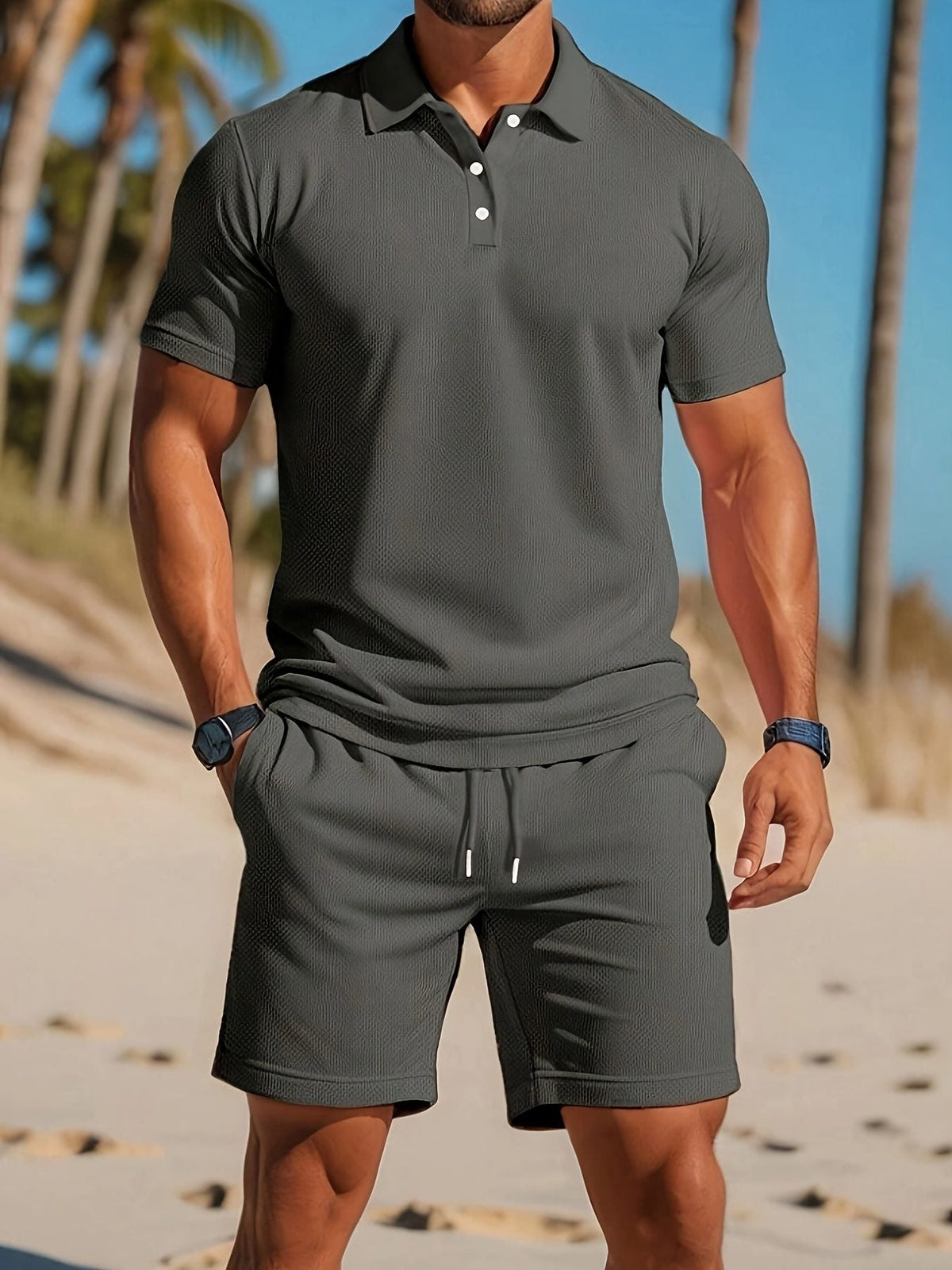 Ribbed Knit Polo Shirt and Shorts Set for Men