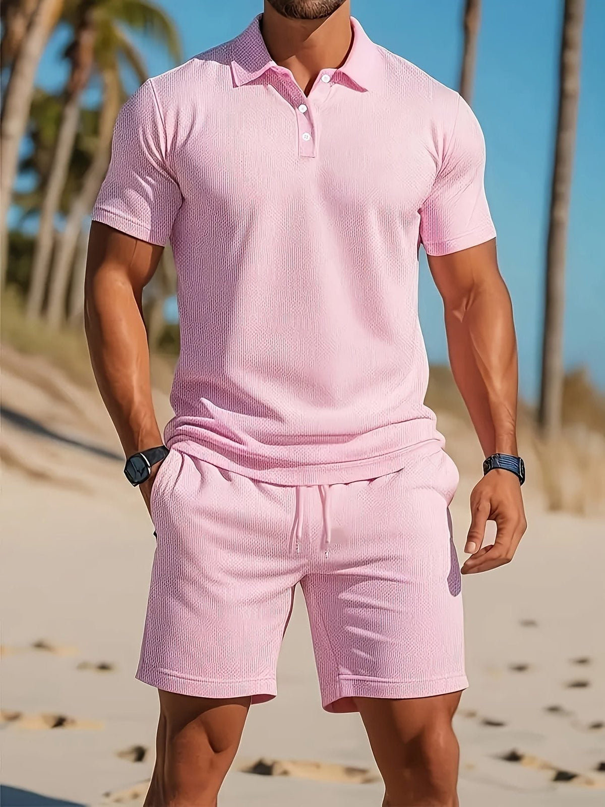 Ribbed Knit Polo Shirt and Shorts Set for Men