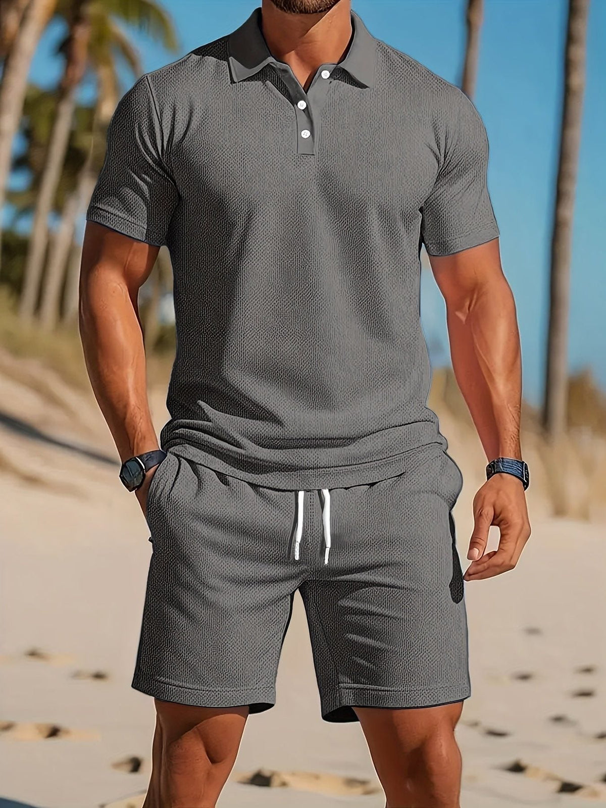 Ribbed Knit Polo Shirt and Shorts Set for Men