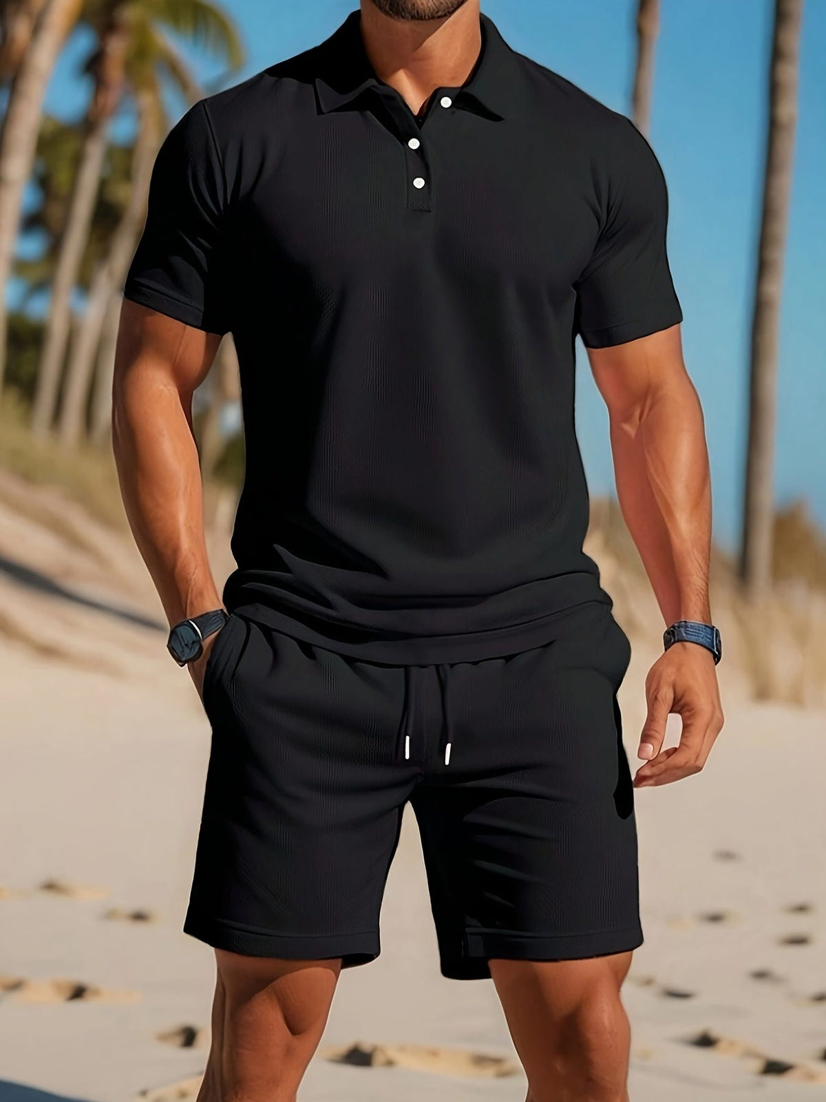 Ribbed Knit Polo Shirt and Shorts Set for Men